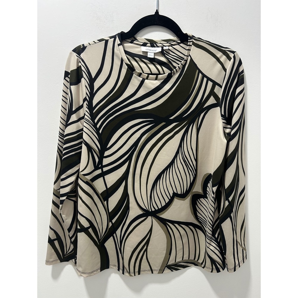 Chico's Women Olive Green Black Abstract Leaf Print Long Sleeve Top Size 1 M